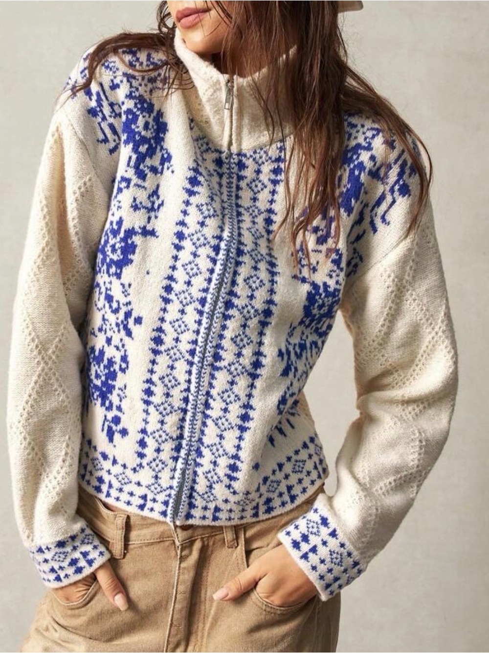 Cream Zip-Up Knit Cardigan with Blue Pattern - Picture 3 of 10